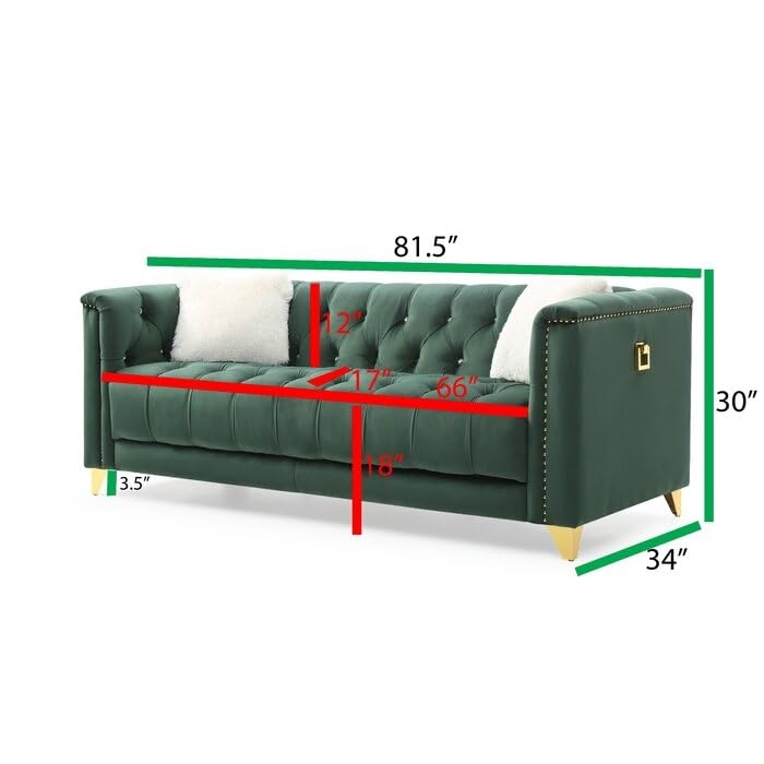 81" Chesterfield Sofa, Deep Button Tufted Upholstered Accent Sofa with Square Arm and Gold Legs, Large Sofa Couch with 2 Pillows and Nailhead Trim for Living Room Apartment Office, Green