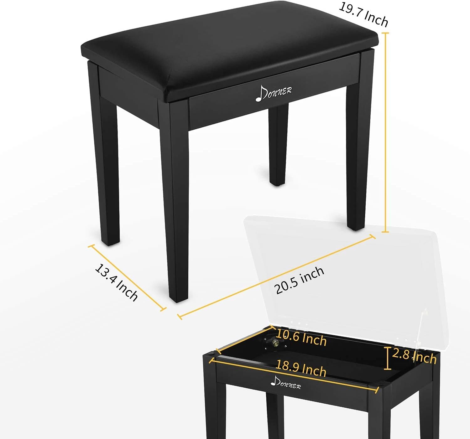 Donner Piano Bench with Storage, Solid Wood Keyboard Bench Piano Bookcase Stool Chair Seat with High-Density Sponges Pad, Black