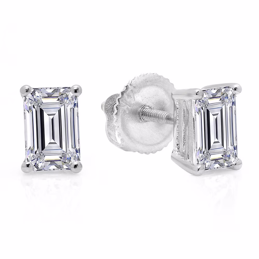 2 ct Brilliant Emerald Cut Solitaire Studs Conflict free Genuine Cultured Certified Diamond Clarity VS1-VS2 Color J-K 18K White Gold Earrings Screw back