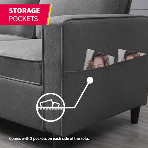 MUZZ 3PCS Living Room Sofa Set, Linen Upholstered Sofa Couch with Side Pockets & Movable Storage Ottoman, Free Combination Sofa Set Include Armchair,Loveseat and 3 Seater Couch (Dark Grey)