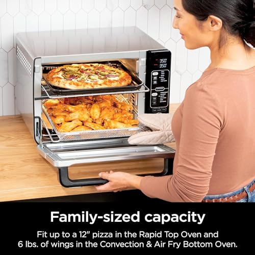 Ninja DCT401 12-in-1 Double Oven with FlexDoor, FlavorSeal & Smart Finish, Rapid Top Convection and Air Fry Bottom, Bake, Roast, Toast, Air Fry, Pizza and More, Stainless Steel (Renewed)