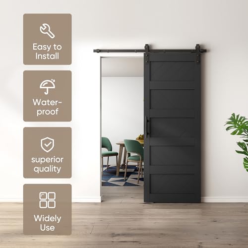 JUBEST 36" x 84" Barn Door, Slding Barn Door Kit Wave Shape Barn Door Panel with Hardware Kit Include, Easy Installation, Solid Wood, MDF & PVC Covered, Black