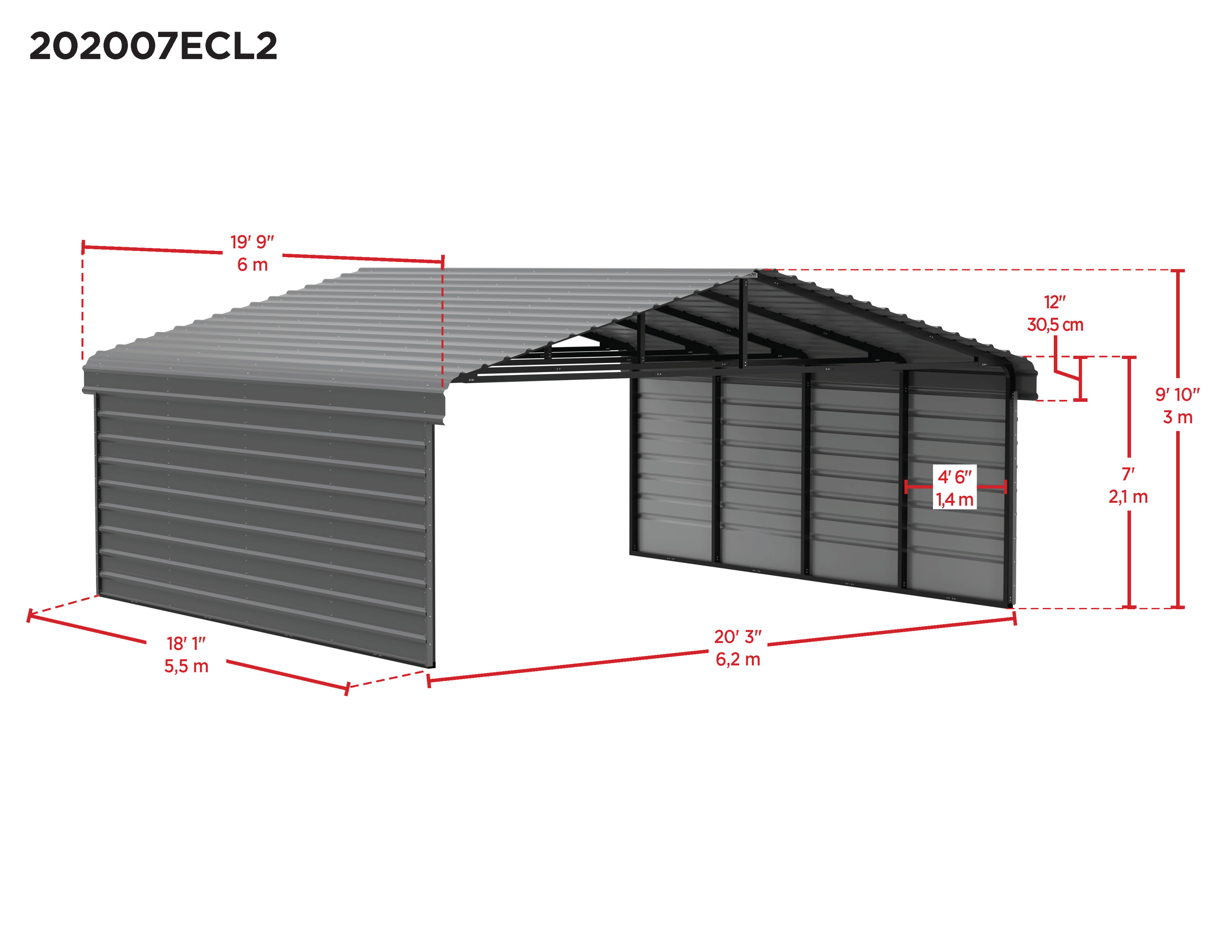 Arrow Carports Galvanized Steel Carport, with 2-Sided Enclosure, Compact Car Metal Carport Kit, 20' x 20' x 7' , Charcoal