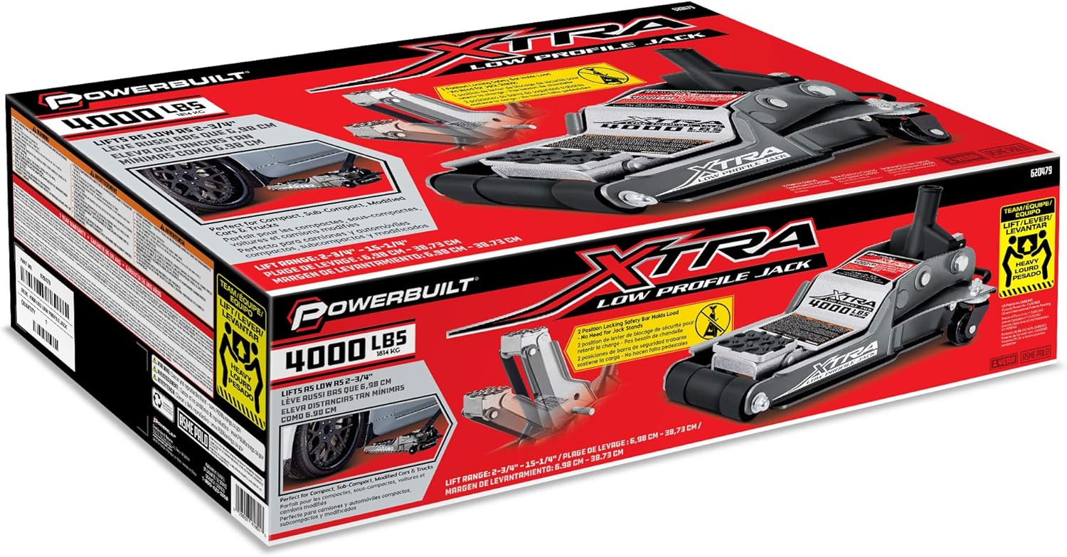 Powerbuilt Xtra Low Profile Floor Vehicle Jack with Safety Bar, Extra Low Car Jack - 2 Ton Load Capacity 620479E, Silver