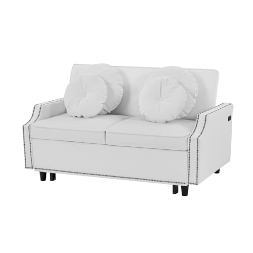 Modern Convertible Sofa Bed with Adjustable Backrest and Pull-Out Bed, Stylish Design 2 Seat Sofa with Pillows and USB Ports, Perfect for Small Spaces, Beige