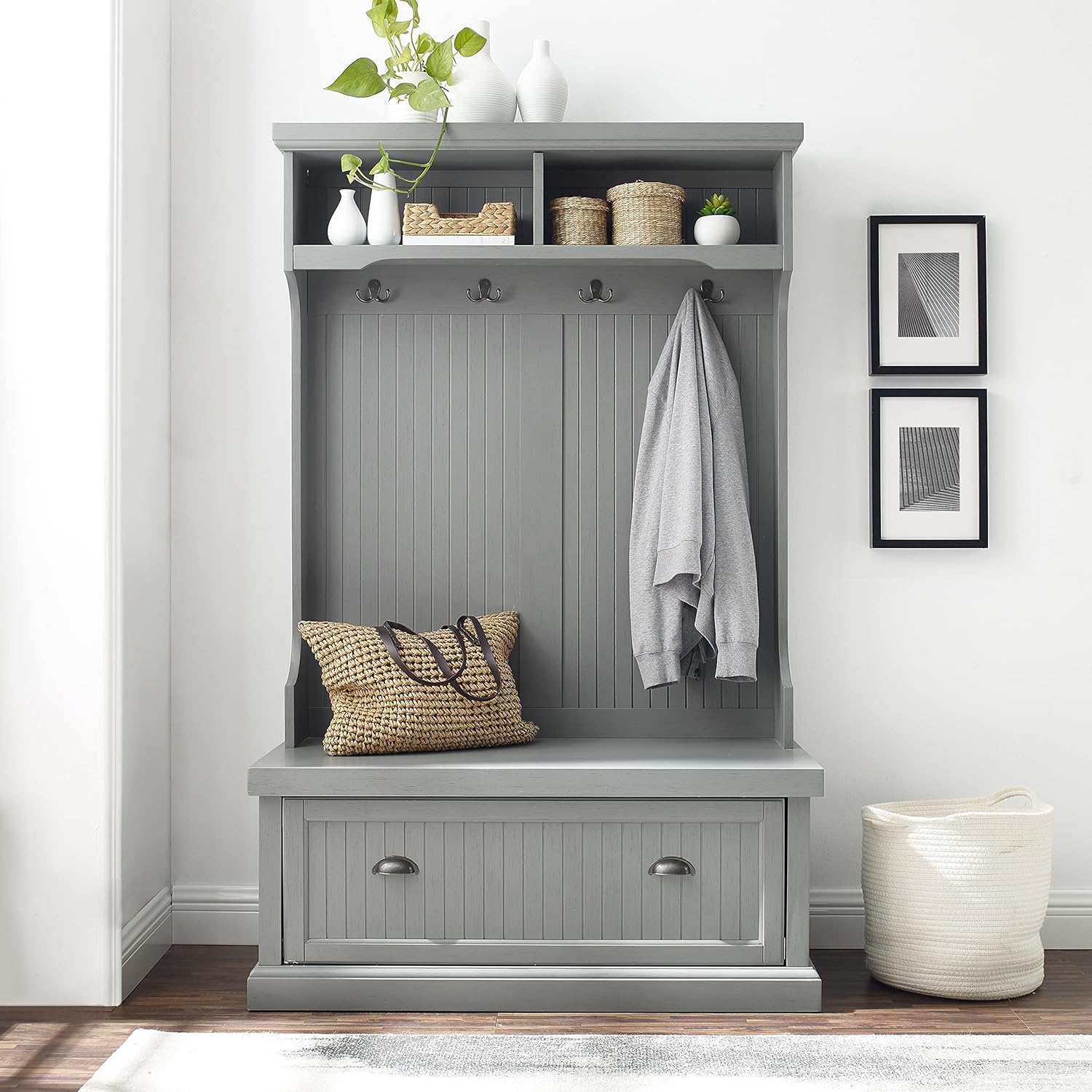Crosley Furniture Seaside Hall Tree, Entryway Bench with Coat Rack and Shoe Cabinet, Distressed Gray