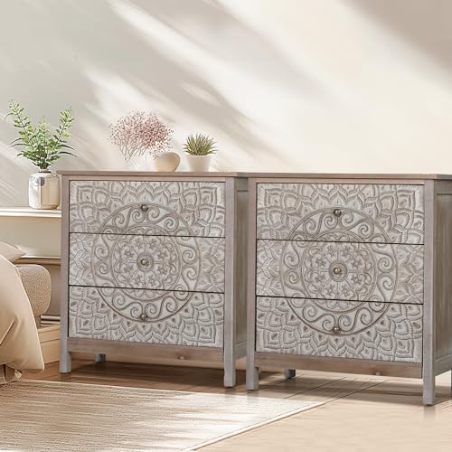 MAISON ARTS 3 Drawer Dresser Set of 2, Modern Household 3 Chest of Drawers Farmhouse Accent Storage Cabinet with 3 Drawers Nightstand Bedside Table for Bedroom Living Room Entryway, Easy to Assemble