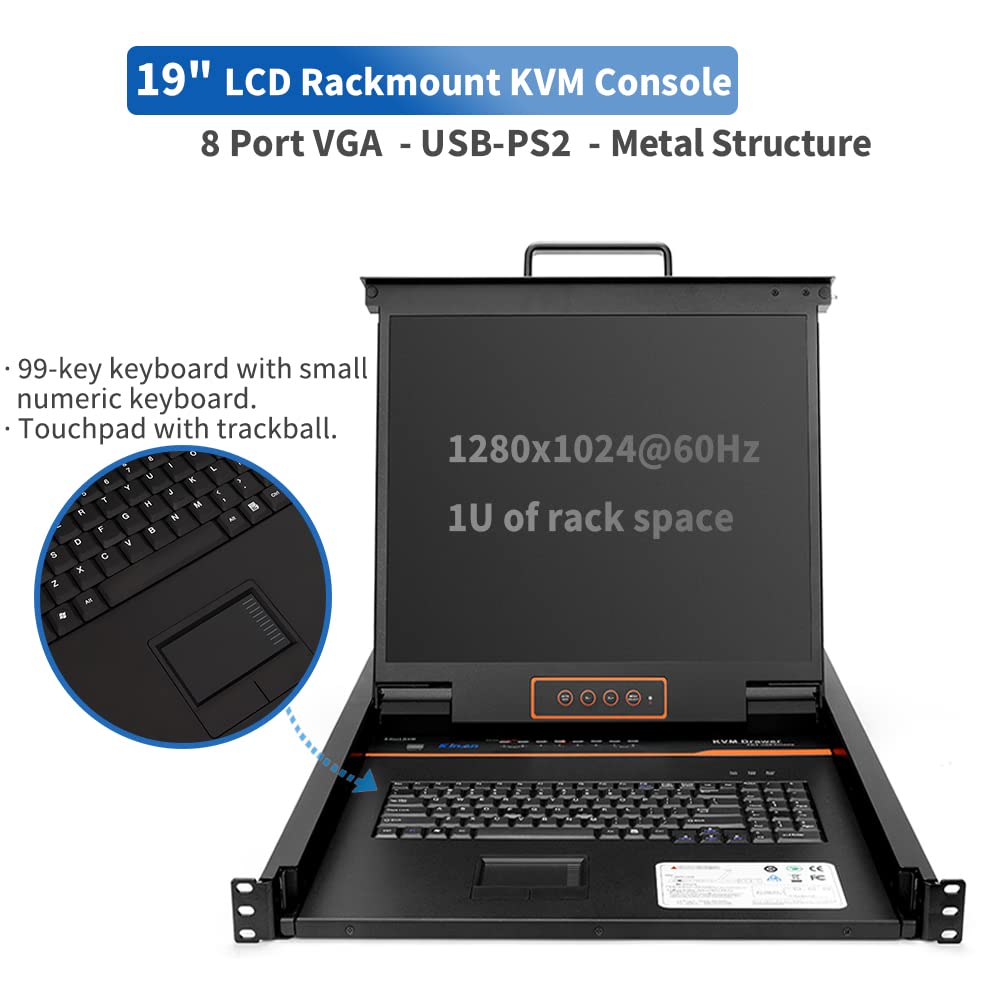 8 Port Rackmount KVM Console with 19 LCD Monitor,VGA KVM Console w/Cables,1U,1280×1024@60Hz