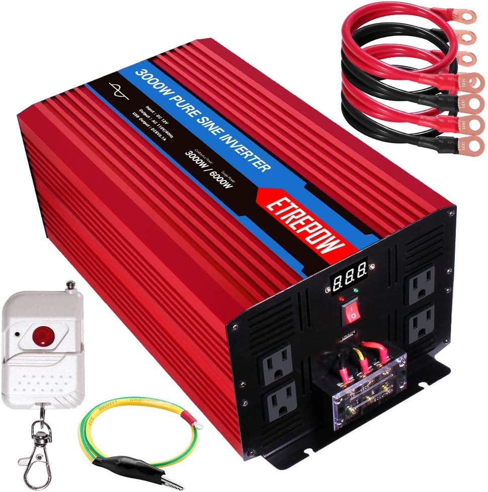 ETREPOW 3000 Watt/6000 Watt Pure Sine Wave Power Inverter 12V DC to 110V /120V AC Power Converter Wireless Remote Control-Off-Grid Inverter for Outdoor ,Home,Camping, RV,Truck,Car