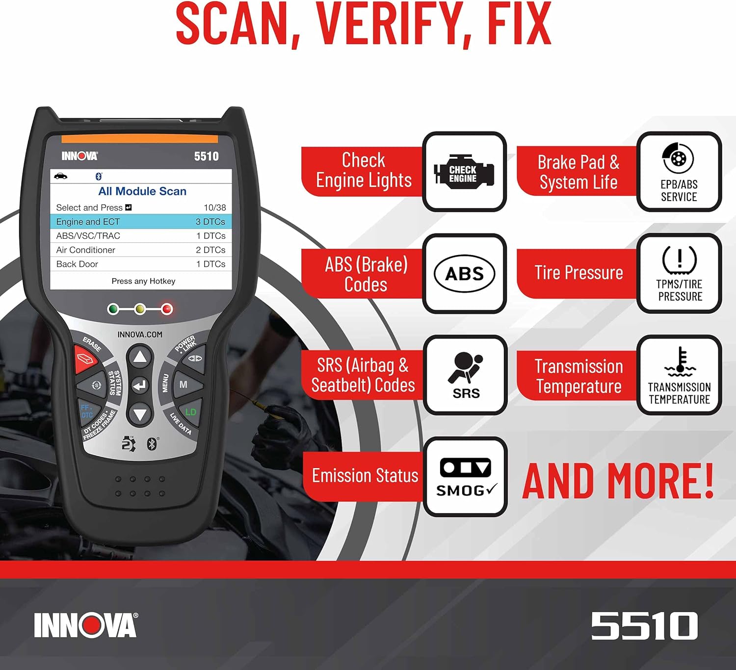 INNOVA 5510 - Newest 2022 OBD2 Diagnostic Code Scanner - Brake Bleeding, Caliper Service, Brake Pad Life, Read/Erase ABS/SRS Codes, Reset Oil Light, Live Data, Battery/Alternator Test
