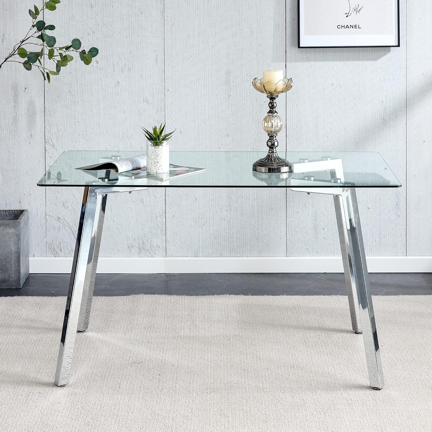 Modern Minimalist Rectangular Glass Dining Table | 0.31" Tempered Glass Top | Silver Metal Legs | Versatile Writing Desk | Easy Assembly