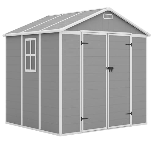 Outdoor Storage Shed, 6x6 FT Resin Shed with Floor and Lockable Door, Window, Vents, Tool Sheds and Outdoor Storage for Bike, Garden Accessories, Tools, Waterproof (Grey & White)