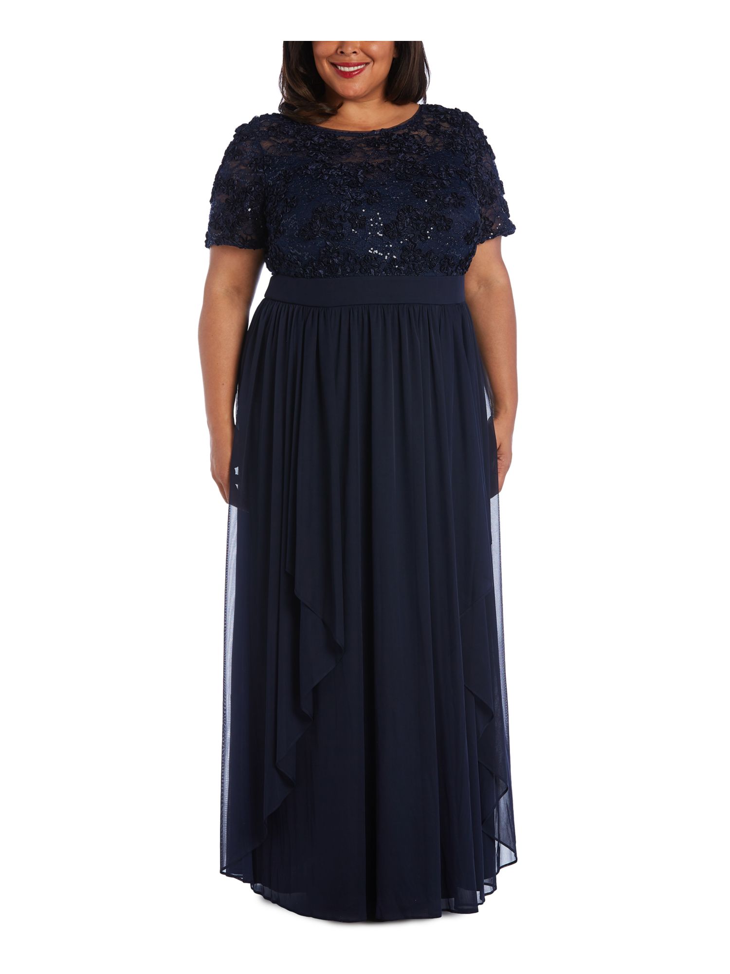 R&M RICHARDS Womens Navy Sequined Lace Short Sleeve Full-Length Evening Layered Dress Plus 20W