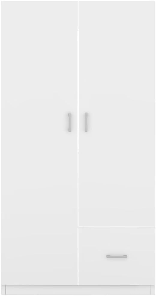Wooden Wardrobe with Double Doors, 2 Door Wood Wardrobe with 5 Fixed Shelves, One Storage Drawer, Modern Armoire Wardrobe Closet with Hanging Rod (White)