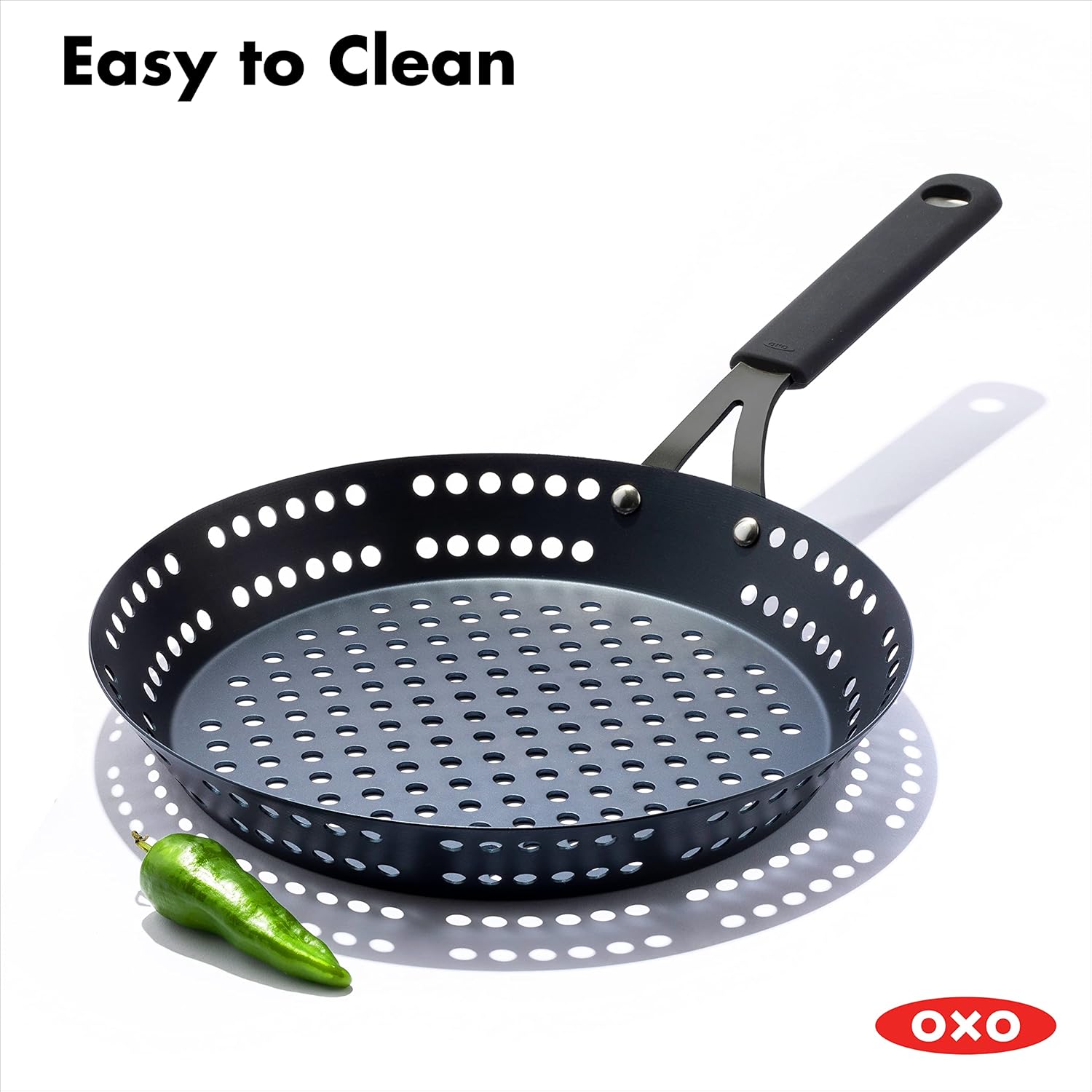 OXO Obsidian Pre-Seasoned Carbon Steel Induction Safe 12 Outdoor Frying Pan/Skillet with Silicone Sleeve, Black