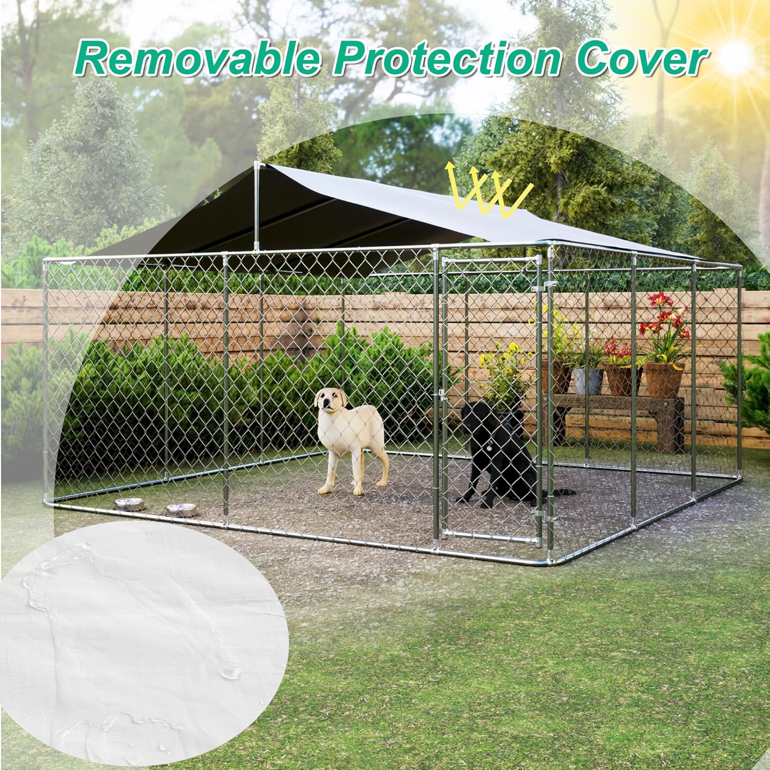 Large Outdoor Dog Kennel with Roof, Chain Link Enclosure Pen Dogs Cage Fence House with Lock, Anti Rust Weather Resistant Galvanized Steel for Backyard, 177.6 x 177.6 x 91.2 Inch