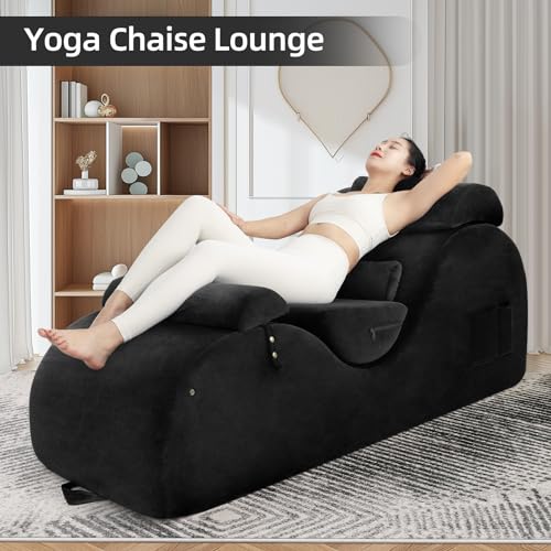 Chaise Lounge Chair for Yoga, Chaise Lounge with Headrest, Waist Pad, Foot Pad, Washable Cover Side Pockets Non-Slip Bottom, Yoga Chair for Relaxation Stretching, (Pink, X-L)