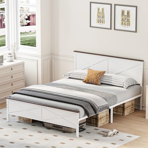 VOPEAK Farmhouse Queen Bed Frame with Headboard and Footboard, Bed Frame Queen Size Metal Platform with Under Bed Storage, Noise Free, No Box Spring Needed, Easy to Install, Sturdy & Stable, White