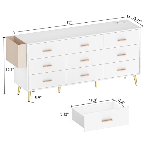 9 Drawer Dresser for Bedroom, 63” Long Dresser with Charging Station, Modern Chest of Wide Drawers with Gold Handles & Storage Pocket, Wood Dresser for Kids Bedroom, Hallway, White