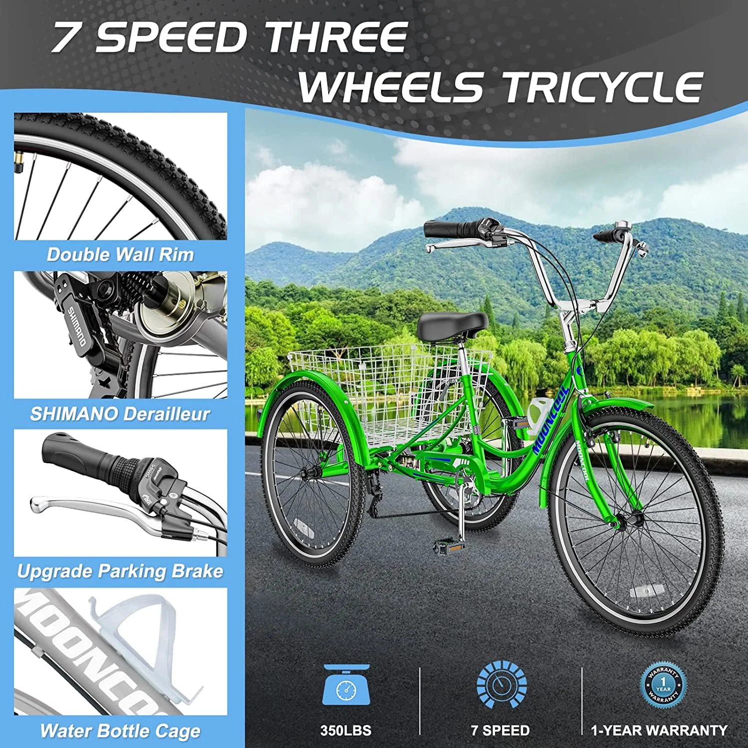 FICISOG 26 Adult Tricycle, 3 Wheel 7 Speed Bikes,450lbs Capacity Cruise Trike with Shopping Basket