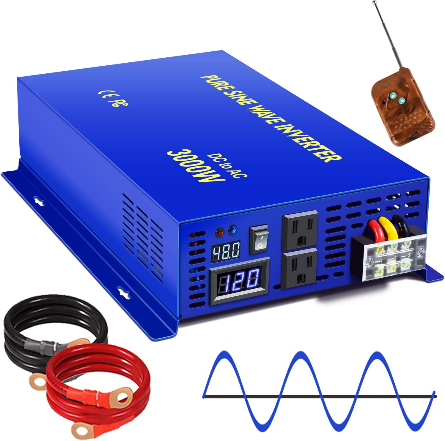 XYZ INVT 2500W Pure Sine Wave Inverter 24v to 110V 120V AC with Wireless Remote Switch, 5000 watt Surge, Power Inverter for Truck, RV Car Camping, Solar System, Grid Off.