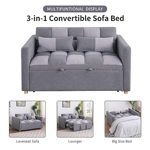 Loveseat Sleeper, Pull Out Sleeper Sofa with Adjustable Backrest and Pillows, Teddy Fabric Couch Bed for Living Room, Apartment and Small Space (Brown)