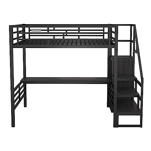 Metal Loft Bed with Desk, Storage Stairs Can Be Installed Left Or Right Full Size Bed Frame Storage Staircase and Small Wardrobe and Full-length Guardrail for Bedroom (White)