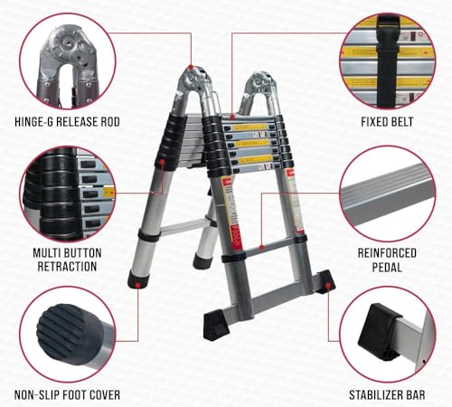 Mytee Products 16.5' Telescoping Ladder A Frame - Aluminum Extention Ladder w/Balance Bar, Carry Handle & Tool Tray - Folding Collapsible Ladder for Extend & Climb RV or for Household & Outdoor Work