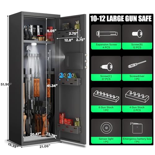 10-12 Digital Rifle Gun Safe, Large Unassembled Gun Safe for Rifles and Pistols with LCD Keypad, Quick Acces Long Gun Safe for Rifes and Shotguns with Dual Alarm System and LED Light