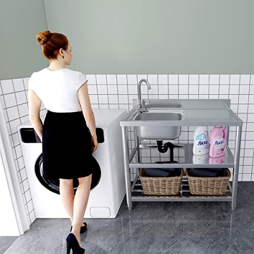 Stainless Steel Commercial Kitchen Sink, Free Standing, Single Bowl Sink Basin with Cold & Hot Water Faucet, Indoor and Outdoor Sink, 21.7 in