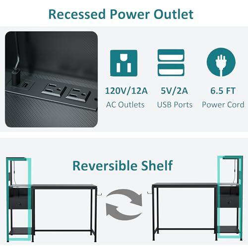 48 inch Reversible Gaming Desk with LED Lights & Power Outlets, Computer Desk with Storage Shelves & Drawer, Home Office Desk with CPU Stand, Black