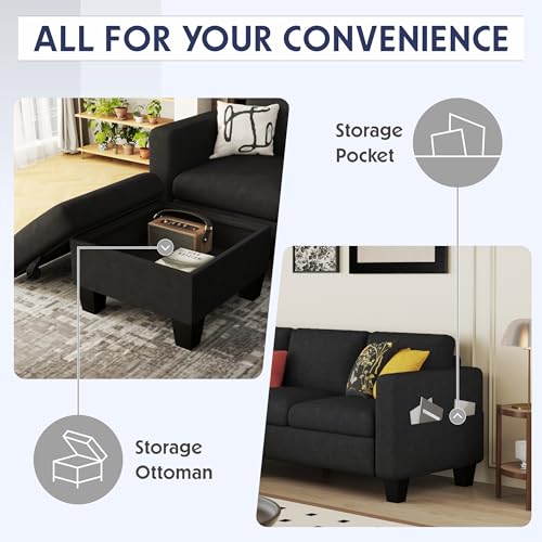 Convertible Sectional Sofa Couch Beige 3Seat L-Shaped Sectional Sofa Couch with Storage Ottoman and Pockets,Modern Linen Fabric Upholstered Sofa Furniture Set for Living Room Small Space Bedroom