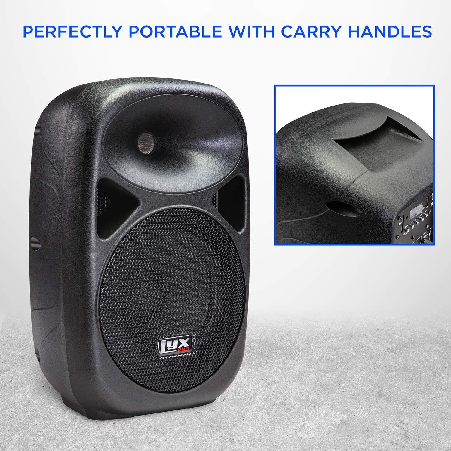 LyxPro 15 Inch PA Active Speaker System Compact and Portable with Equalizer, Bluetooth, MP3, USB, SD Card Slot, XLR, 1/4��, 3.5mm Input, Carry Handles, SPA-15