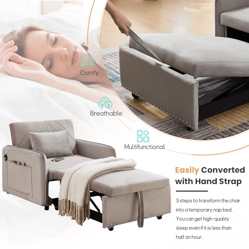Convertible Chair Bed with USB Ports, 3 in 1 Modern Velvet Pull Out Sofa Bed Chair, Single Sleeper Chair with Pillow for Living Room, Small Spaces, Apartment, Office, Black