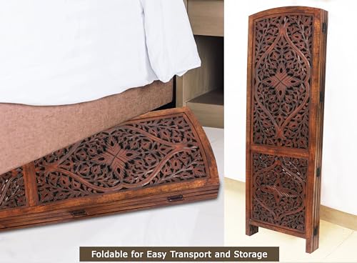 Room Divider Wood Screen - Ghanti Bells Antique Brown - 4 Panel Folding 72 x 80 - Assembled Hand Carved Decorative Functional Versatile Portable Partition Reversible Privacy Boho - COTTON CRAFT