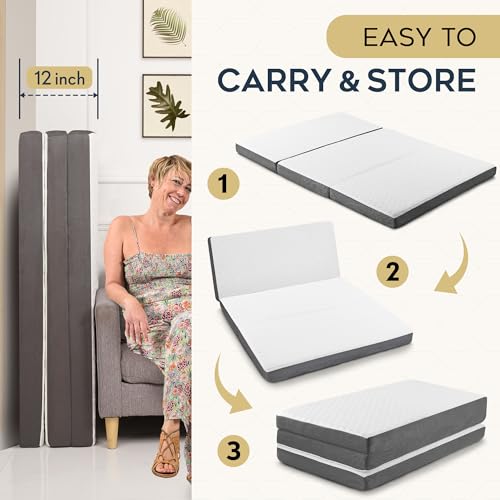 Tri Folding Mattress with Memory Foam Layer - 4 Inch Trifold Foldable Bed Mattress with Washable Cover | Full Size 75" x 54" x 4" Non-Slip Bottom Camping Floor Mattress Perfect Guest Bed