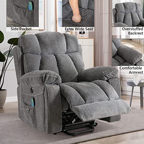 CANMOV Large Power Lift Recliner Chair with Massage and Heat for Elderly, Heavy Duty Motion Reclining Mechanism-Anti Skid Fabric Recliner Chair with 2 Concealed Cup Holders,Light Gray