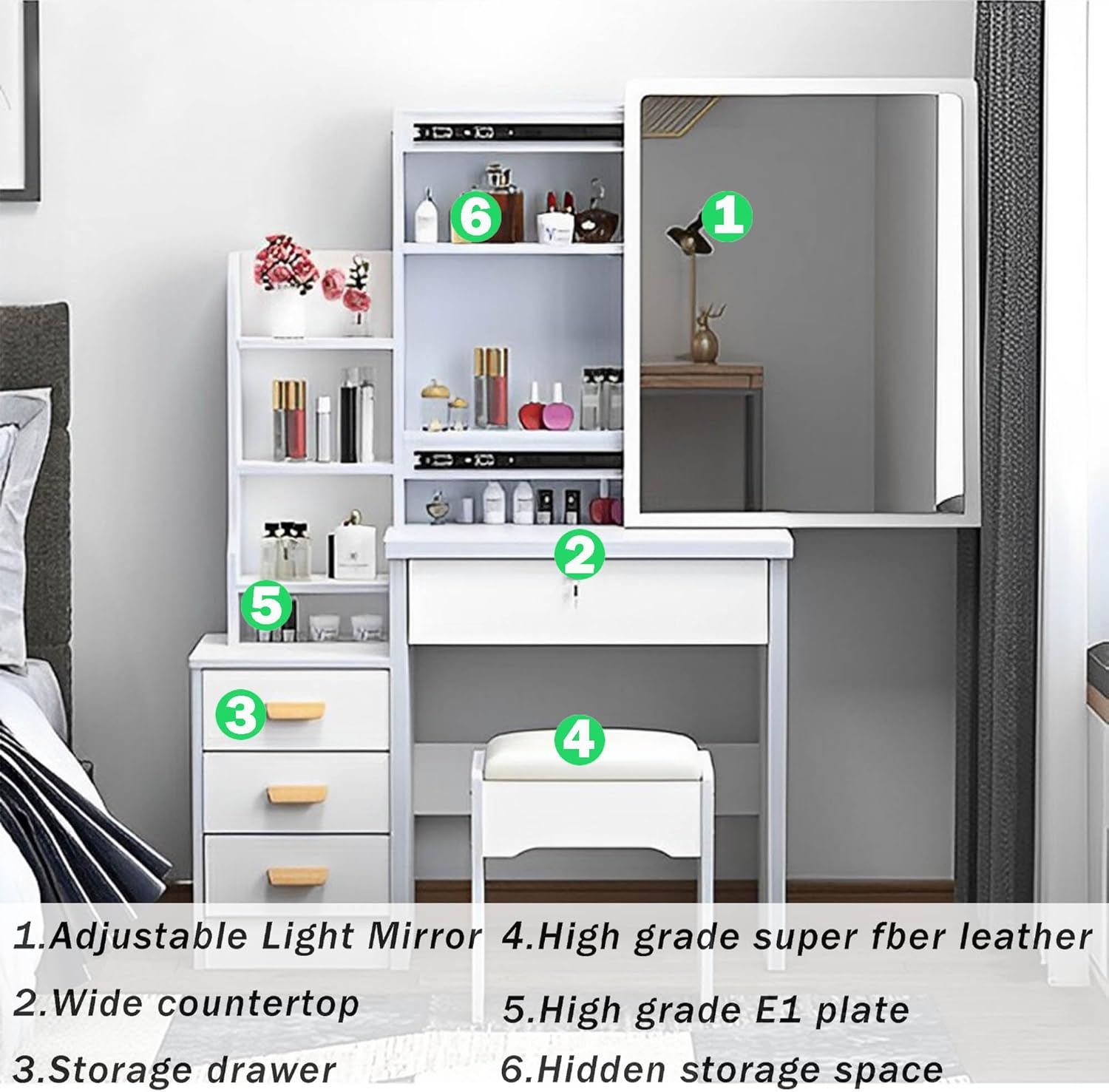 Vanity Desk with Mirror and Lights, Makeup Desk with Drawers and Shelves,3 Color Lighting Brightness Adjustable,Modern Makeup Vanity Table Set with Stool for Woman,Girl,Hidden Storage Space,White