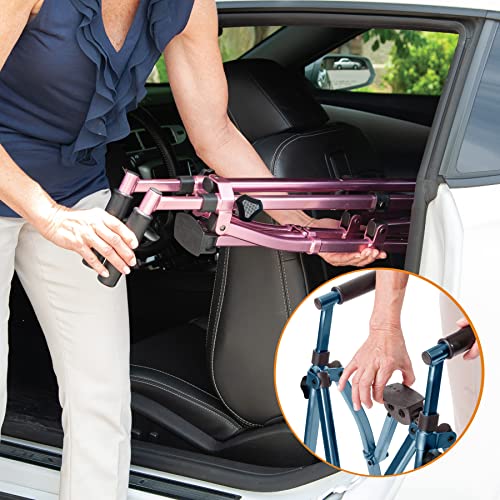 Stander Wonder Walker Plus Short, Junior Lightweight Folding Rolling Walker for Adults, Seniors, Elderly, Petite Travel Walker with Wheels, Glides, Pouch, Compact Standard Walker, Black Walnut