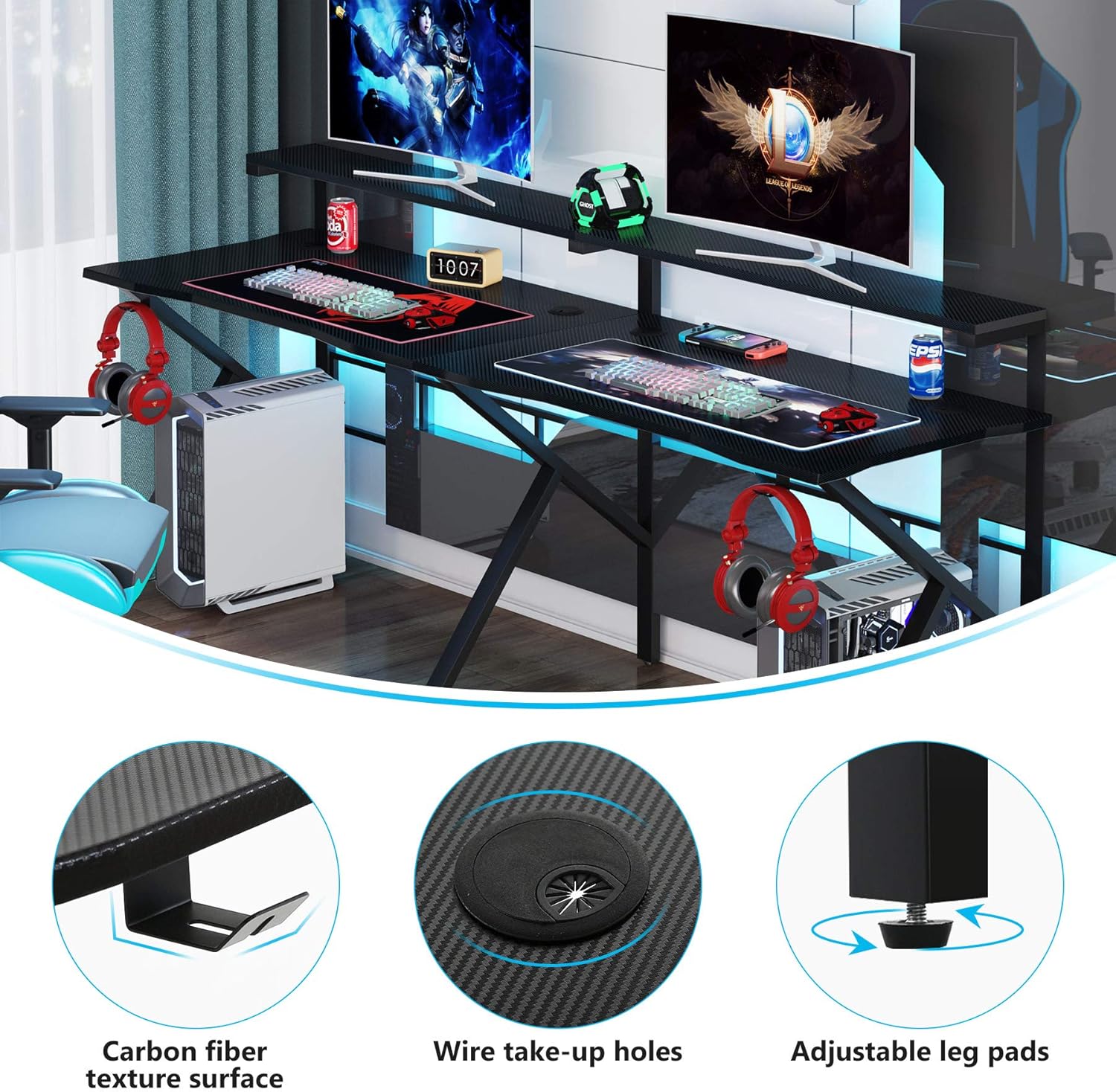Tribesigns Two Person Gaming Desk with Hutch Monitor Shelf, 78 inches Double Computer Desk with Headphone Hooks, Extra Long K -Shaped Home Office PC Table Gamer Workstation,Textured Carbon Fiber,