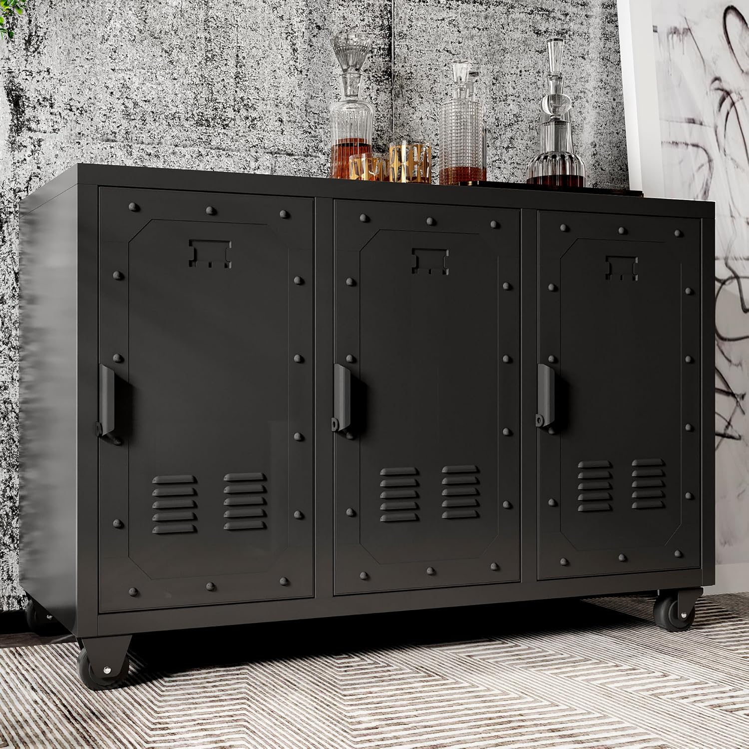 Metal Storage Cabinet with Wheels,Garage Storage Cabinet with 3 Doors,Sturdy and Durable Heavy Duty Utility Storage Cabinet for Office Kitchen Pantry Organizer Storage Room