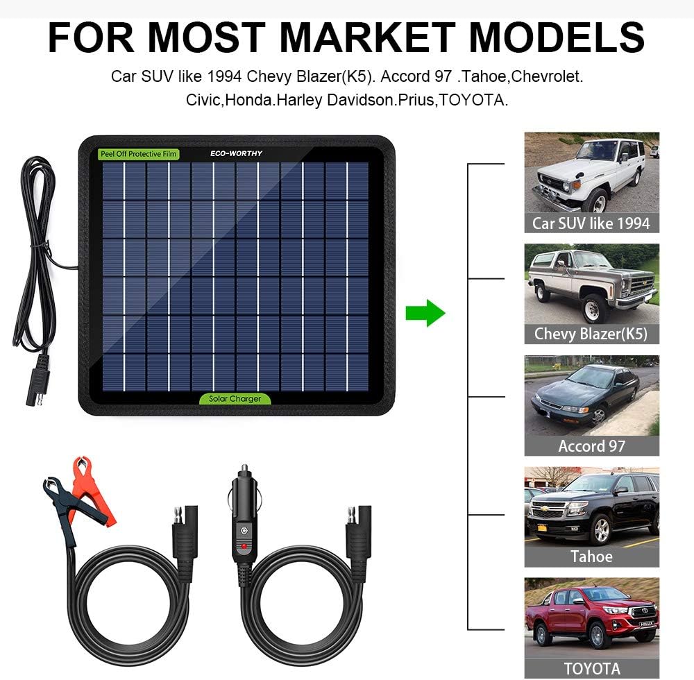 ECO-WORTHY 12 Volt 10 Watt Solar Car Battery Charger & Maintainer, Solar Panel Trickle Charger, Portable Power Backup Kit with Alligator Clip Adapter for Car, Boat, Automotive, Motorcycle, RV