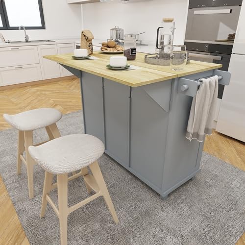 Kitchen Cart on Wheels with Drop Leaf,Rolling Kitchen Island with Storage Cabinet and 3 Drawers,Spice Rack,Towel Rack,Island Table for Kitchen,Living Room,Dining Room (Grey Blue)