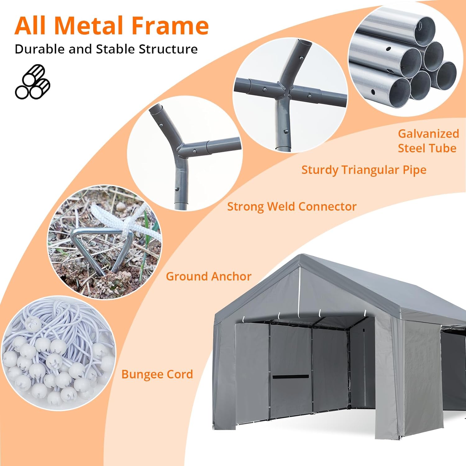 Carport 13×20 FT Heavy Duty Car Canopy Storage Shed, Portable Garage Party Tent with Removable Sidewall & Door, Reinforced Triangular Beam, Metal Frame, All-Season Tarp for Truck Shelter, Grey