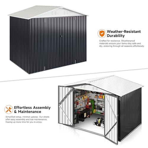 Polar Aurora 10x14 Outdoor Storage Shed, Garden Shed with Updated Frame Structure and Lockable Doors, Metal Tool Sheds for Backyard Garden Patio Lawn, White