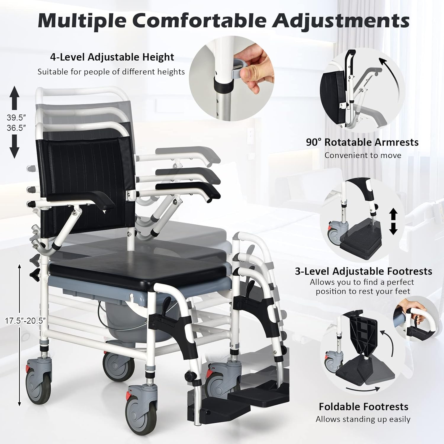 Giantex 4-in-1 Bedside Commode Shower Wheelchair, Commode chair for Toilet with Arms, 4 Lockable Wheels, Detachable Bucket, Height Adjustable & Flip-up Footrest, Padded Mobile Toilet Chair