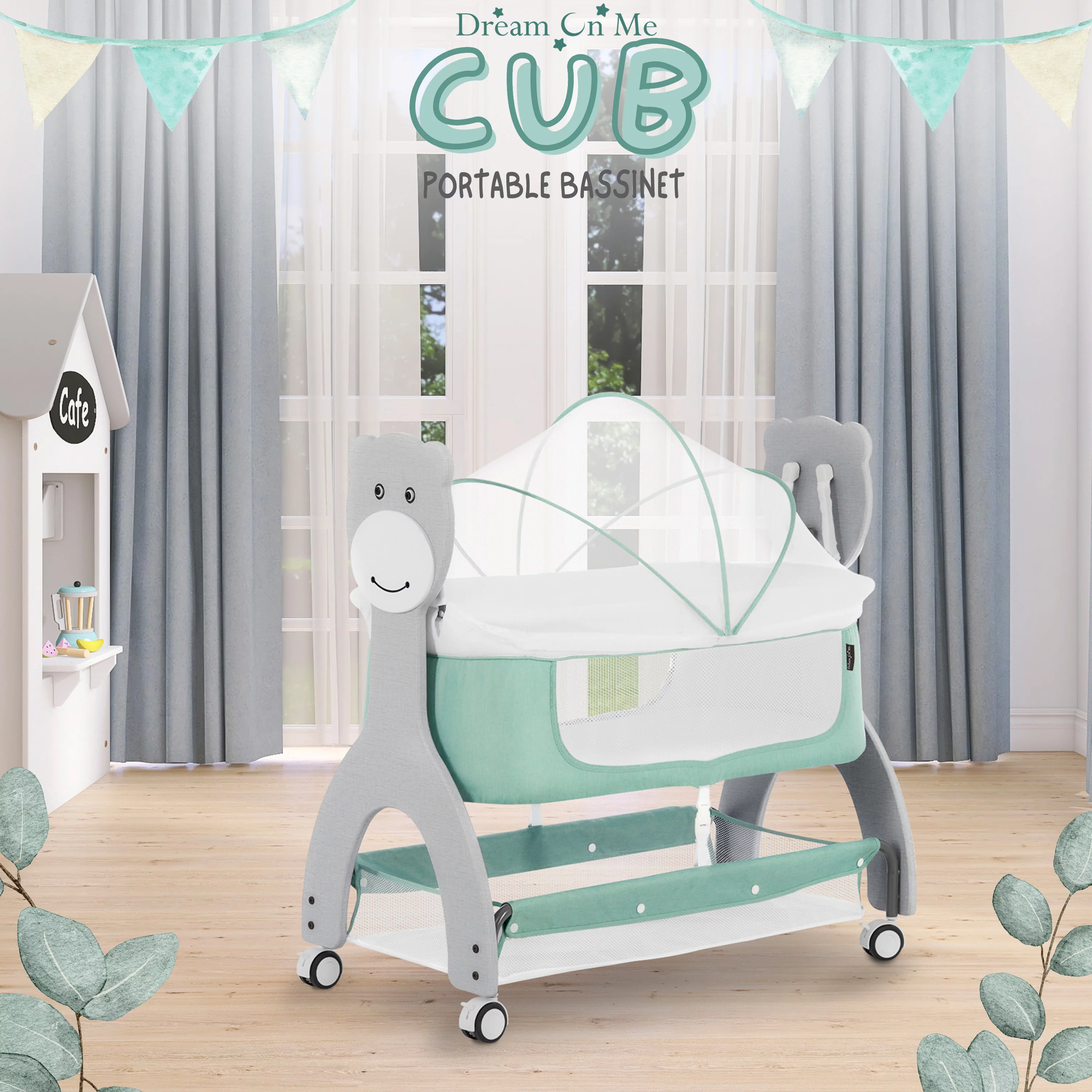 Dream on Me Cub Portable Bassinet in Mint, Multi-Use Baby Bassinet with Locking Wheels