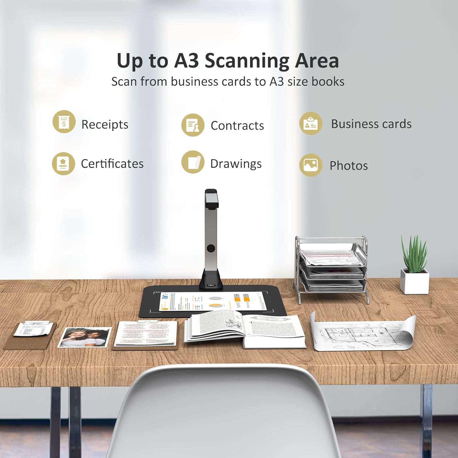 Ultra High Definition 10MP Document Camera/Webcam - VIISAN Document Scanner with 100+ Languages OCR Tech, Capture Size A3 for Remote Teaching & Live Demo, Plug and Play USB Scanner for Windows, Mac OS