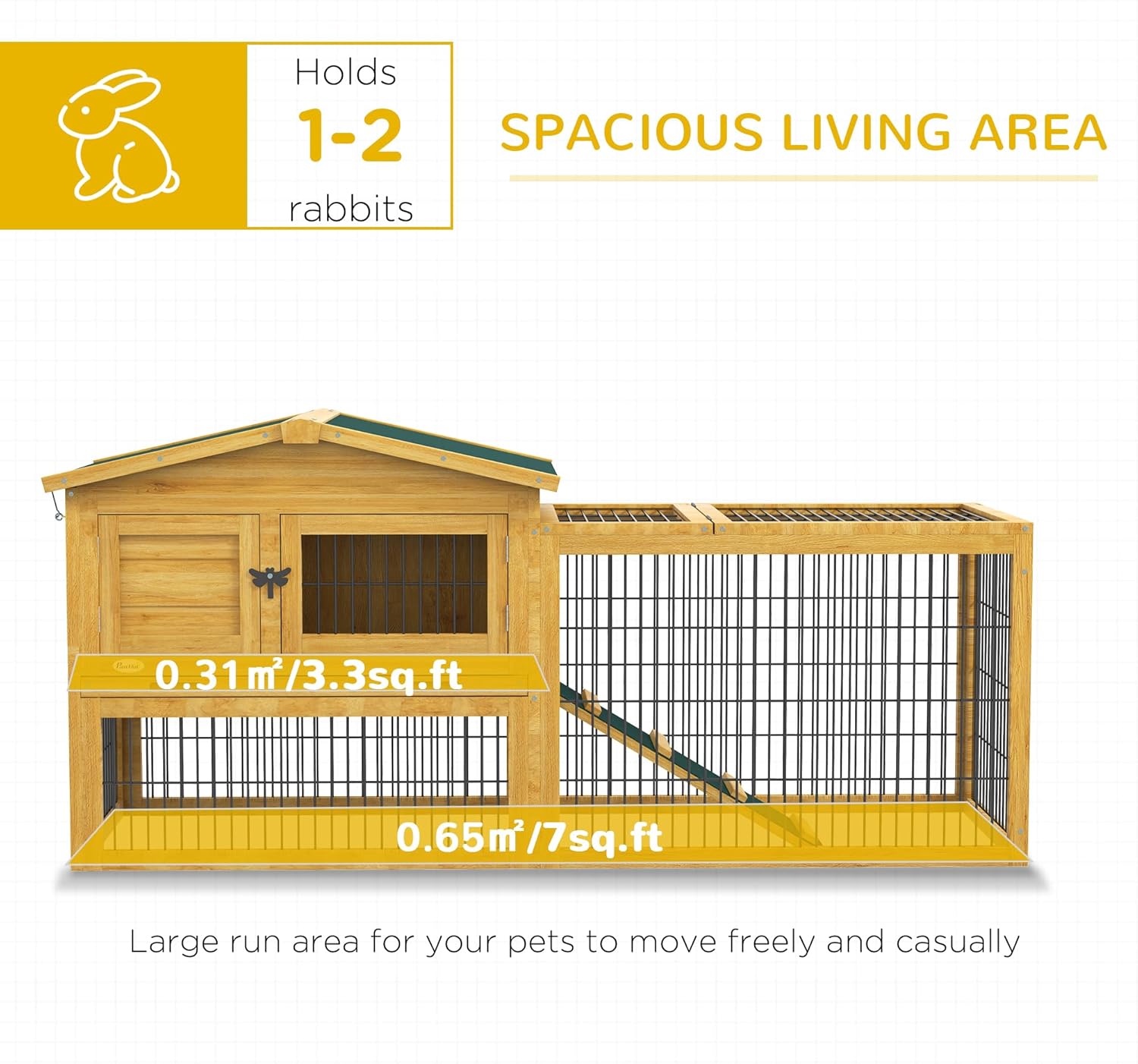 2 Levels Outdoor Rabbit Hutch with Openable Top, 59" Wooden Large Rabbit Cage with Run Weatherproof Roof, Removable Tray, Ramp, Yellow