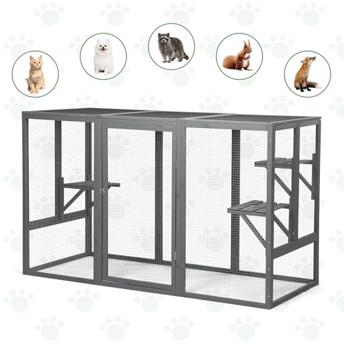 Outdoor Cat Enclosures, Weatherproof Catio for Cats, Large Cat Cage with 3 Platforms and Litter Box, Wooden Cat Crate for Outside, Cat House for Cat Patio, Grey